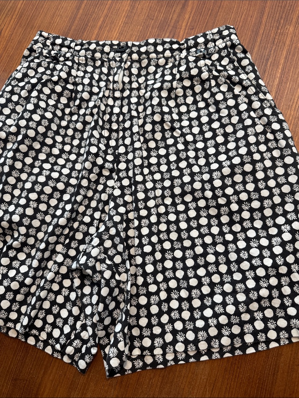 Vintage Women’s Black Bermuda Shorts with White Floral Dot Print